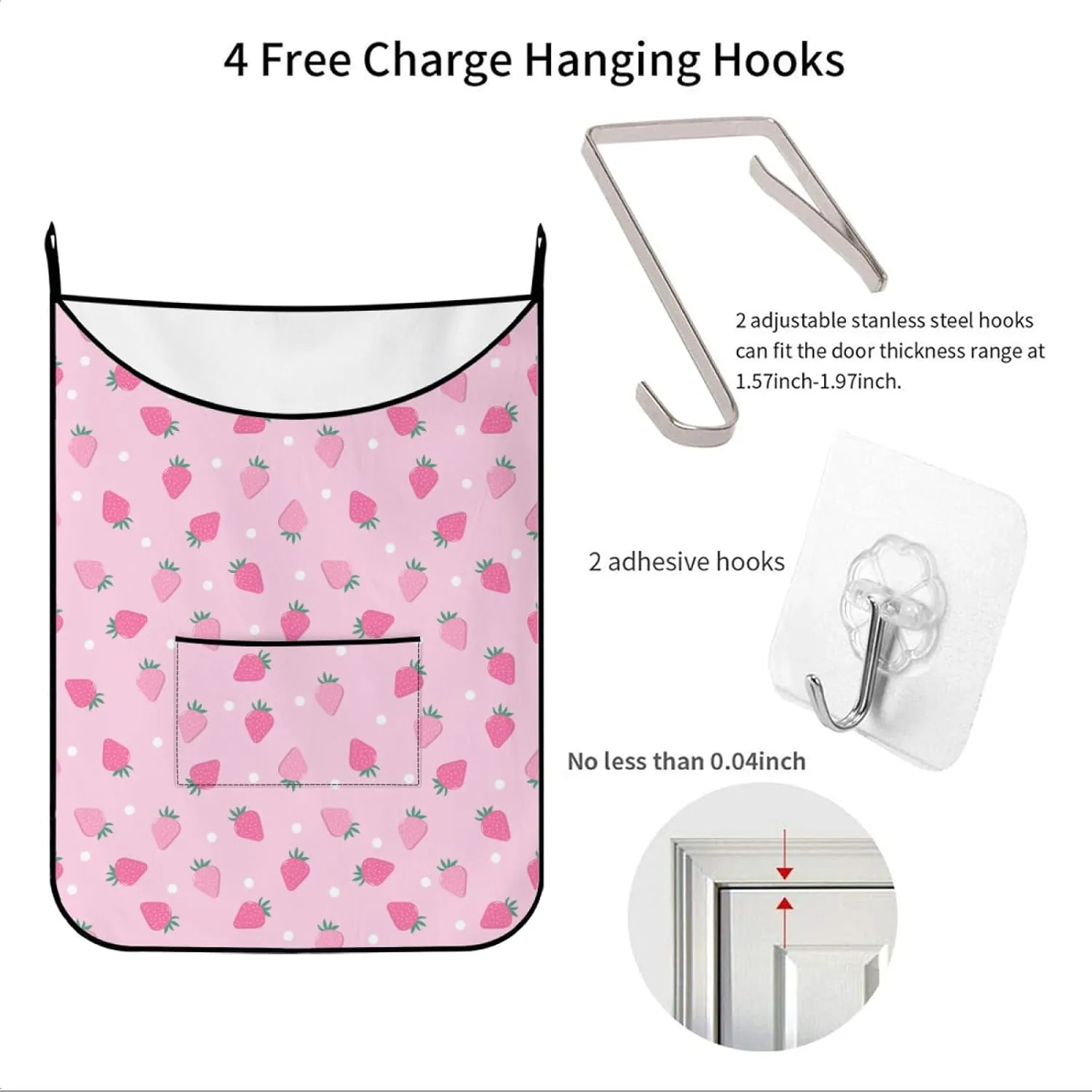 Hanging Laundry Bag Cute strawberry Pink with Over Door Hooks Durable Space Saving Laundry Bag Wide Open Top