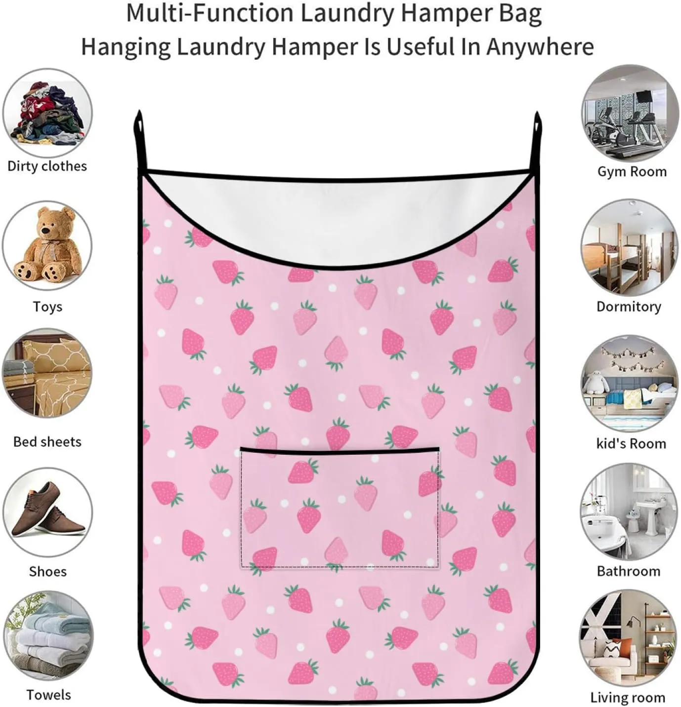 Hanging Laundry Bag Cute strawberry Pink with Over Door Hooks Durable Space Saving Laundry Bag Wide Open Top