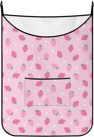 Hanging Laundry Bag Cute strawberry Pink with Over Door Hooks Durable Space Saving Laundry Bag Wide Open Top