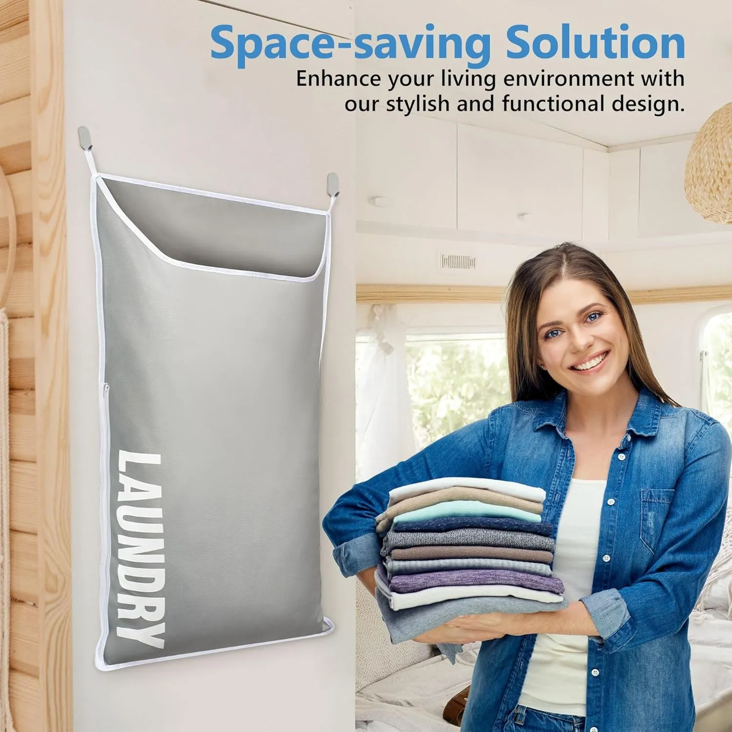 Hanging Laundry Hamper Bag XL 40x22", Space Saving over the Door Storage Bags, Behind the Door Hampers for Dirty Clothes & Wall Mounted Basket for Bathroom, Organizer for Small Room Spaces RV