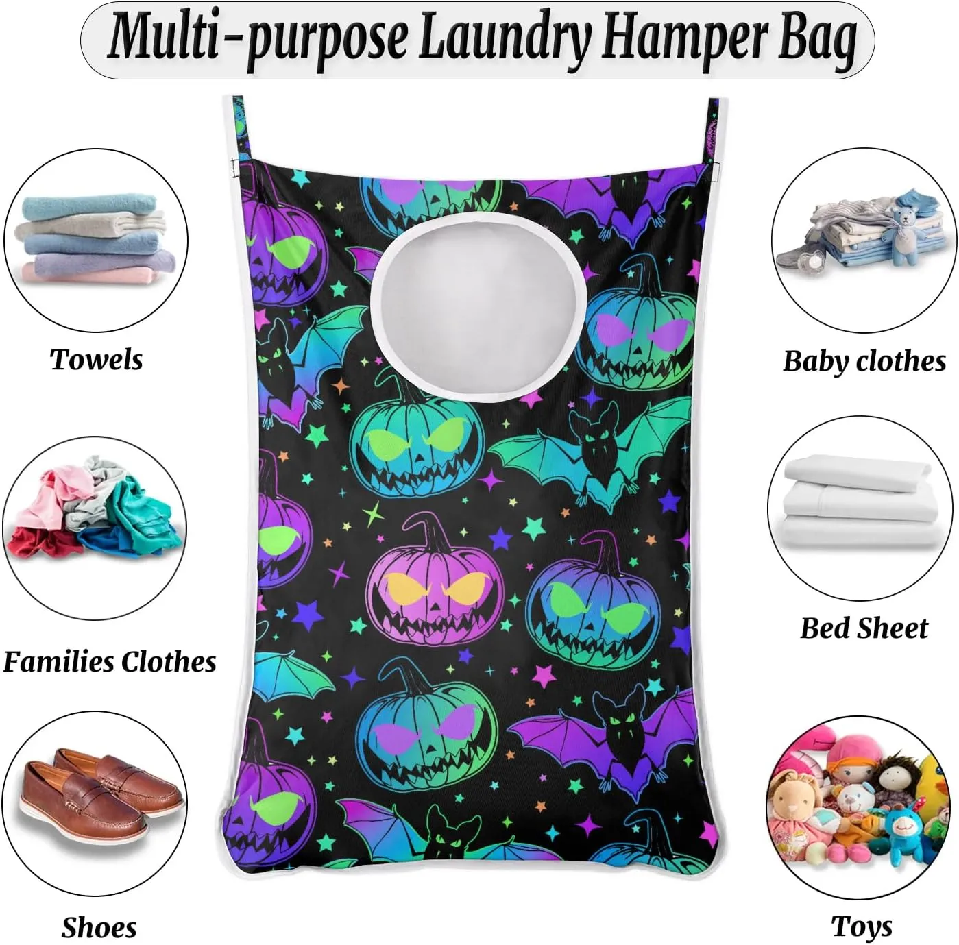 Hanging Laundry Hamper with 2 PCs Over Door Hooks & Adhesive, Halloween Pumpkin Collapsible Large Dorm Laundry Storage Bag for Holding Dirty Clothes and Saving Space, 30"x20"