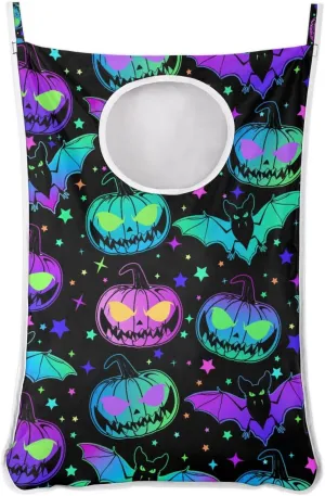 Hanging Laundry Hamper with 2 PCs Over Door Hooks & Adhesive, Halloween Pumpkin Collapsible Large Dorm Laundry Storage Bag for Holding Dirty Clothes and Saving Space, 30"x20"