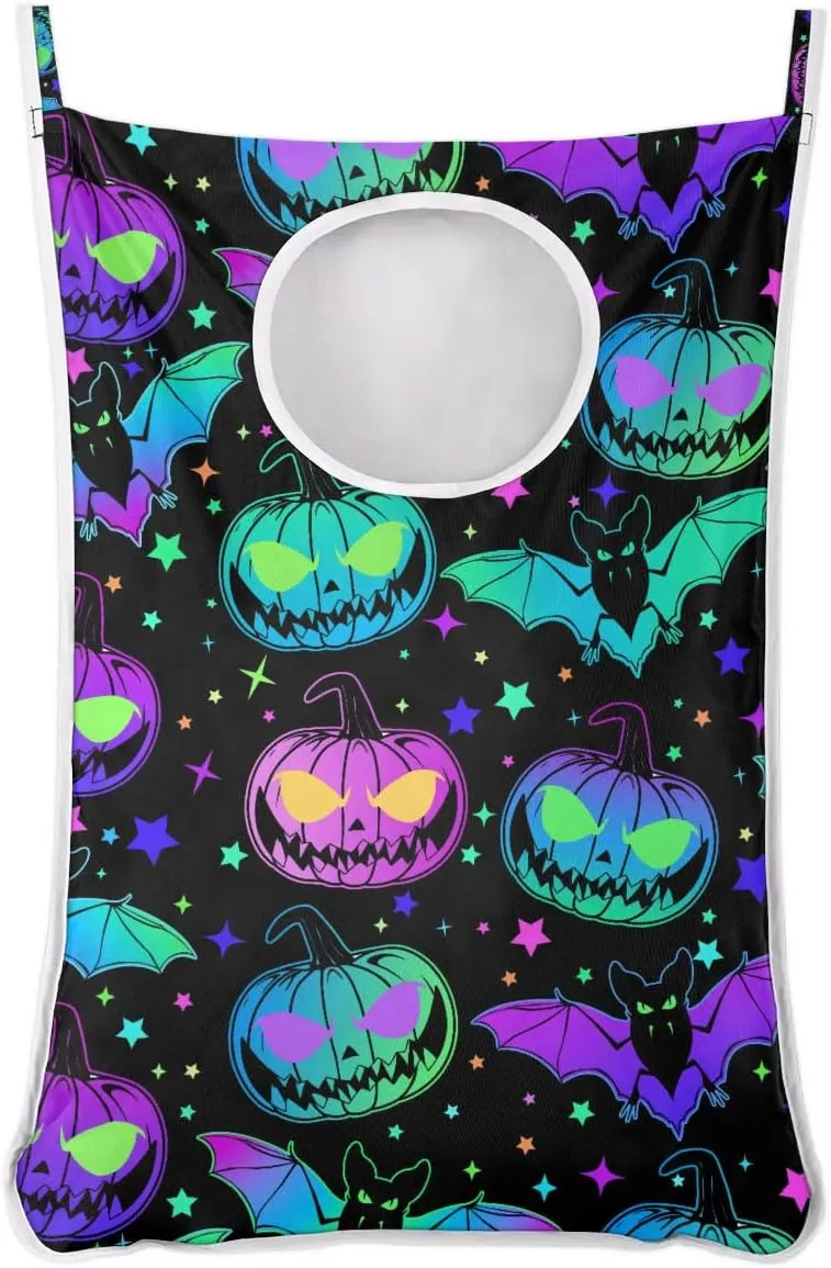 Hanging Laundry Hamper with 2 PCs Over Door Hooks & Adhesive, Halloween Pumpkin Collapsible Large Dorm Laundry Storage Bag for Holding Dirty Clothes and Saving Space, 30"x20"
