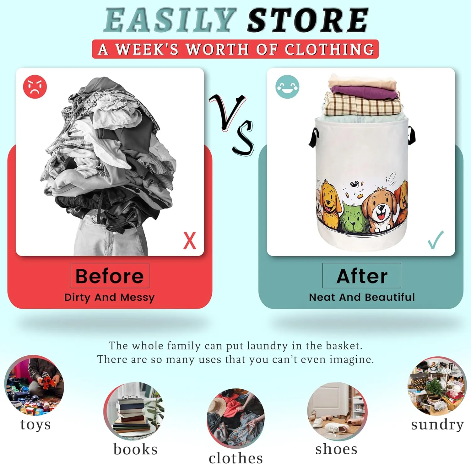 Happy Colorful Dogs Laundry Hamper With Handles Foldable Cute Animals Dog Oxford Cloth Tote Bag Funny Laundry Basket Clothes Toy Storage Bucket 18.9" x 16.5"For Bathroom/Laundry/Bedroom