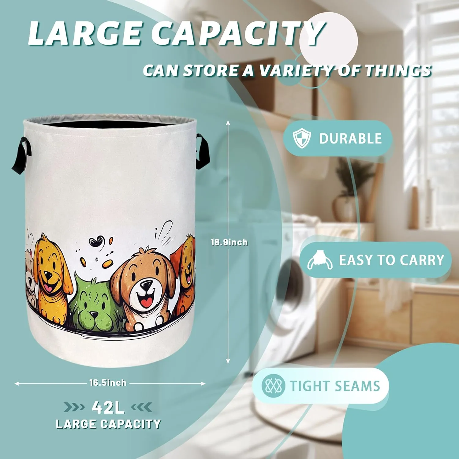 Happy Colorful Dogs Laundry Hamper With Handles Foldable Cute Animals Dog Oxford Cloth Tote Bag Funny Laundry Basket Clothes Toy Storage Bucket 18.9" x 16.5"For Bathroom/Laundry/Bedroom