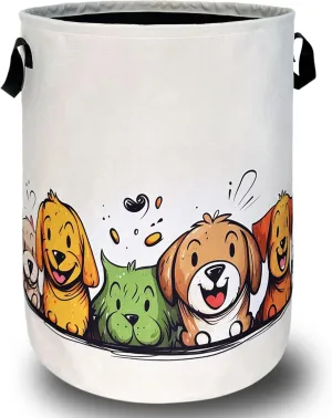 Happy Colorful Dogs Laundry Hamper With Handles Foldable Cute Animals Dog Oxford Cloth Tote Bag Funny Laundry Basket Clothes Toy Storage Bucket 18.9" x 16.5"For Bathroom/Laundry/Bedroom