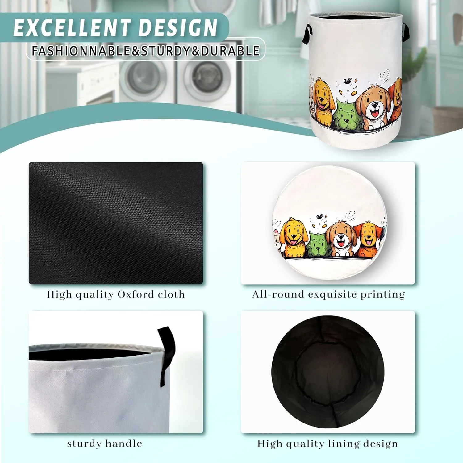 Happy Colorful Dogs Laundry Hamper With Handles Foldable Cute Animals Dog Oxford Cloth Tote Bag Funny Laundry Basket Clothes Toy Storage Bucket 18.9" x 16.5"For Bathroom/Laundry/Bedroom
