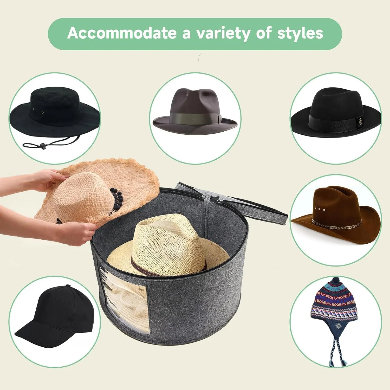 Hat Storage Box,Hat Boxes for Women Storage,Cowboy Hat Holder for Travel,Wide Brims Hat Carrier Case,Stuffed Animal Toy Organizer,Hat Box Closet Organizers and Storage,Hat Boxes for Men(Grey)