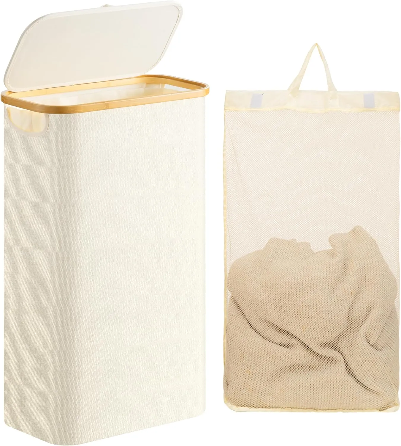 HBlife 60L Slim Laundry Hamper with Lid and Removable Inner Bag, Narrow Collapsible Dirty Clothes Basket for Bathroom, Bedroom and Laundry Room, Beige