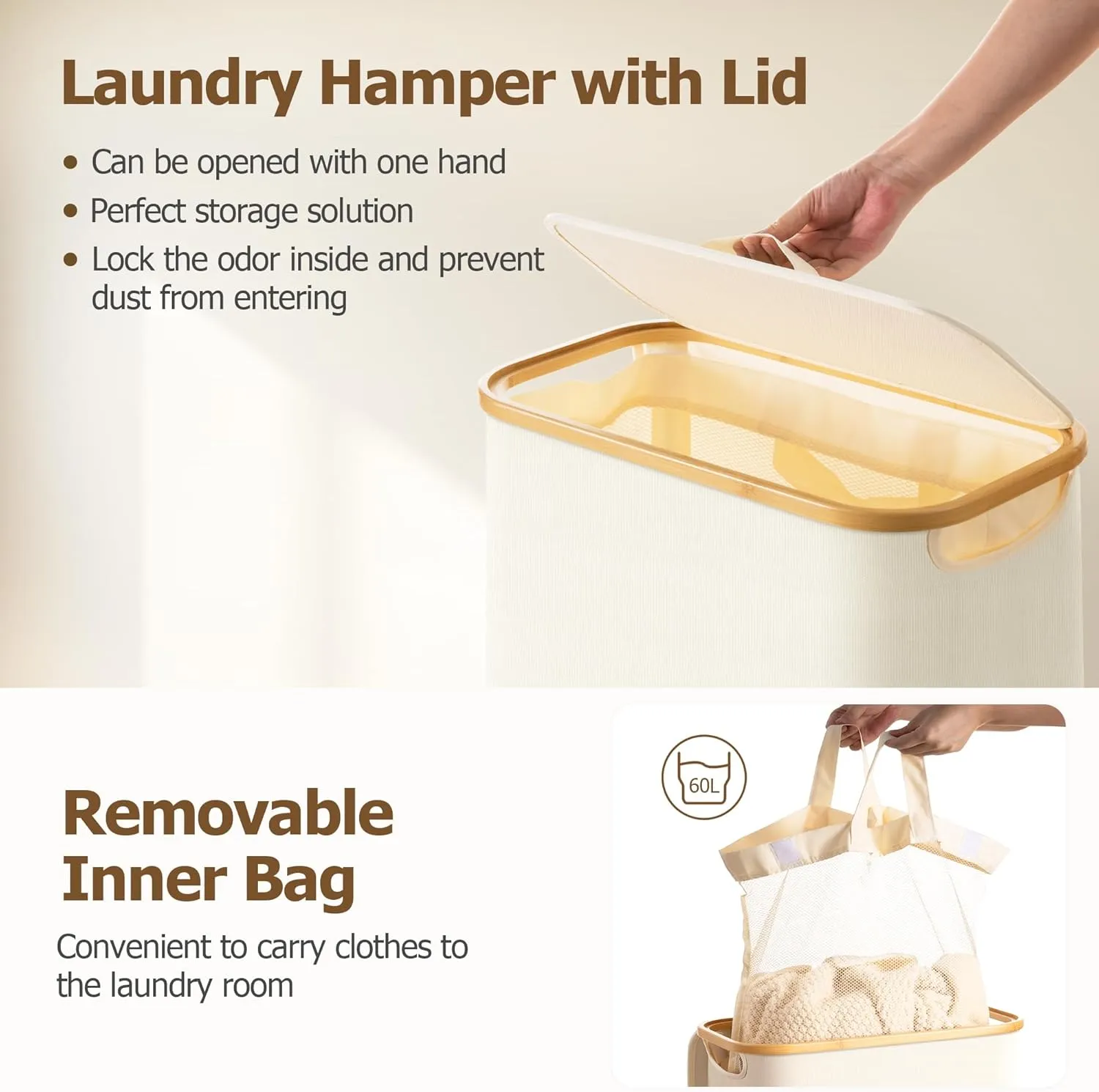 HBlife 60L Slim Laundry Hamper with Lid and Removable Inner Bag, Narrow Collapsible Dirty Clothes Basket for Bathroom, Bedroom and Laundry Room, Beige
