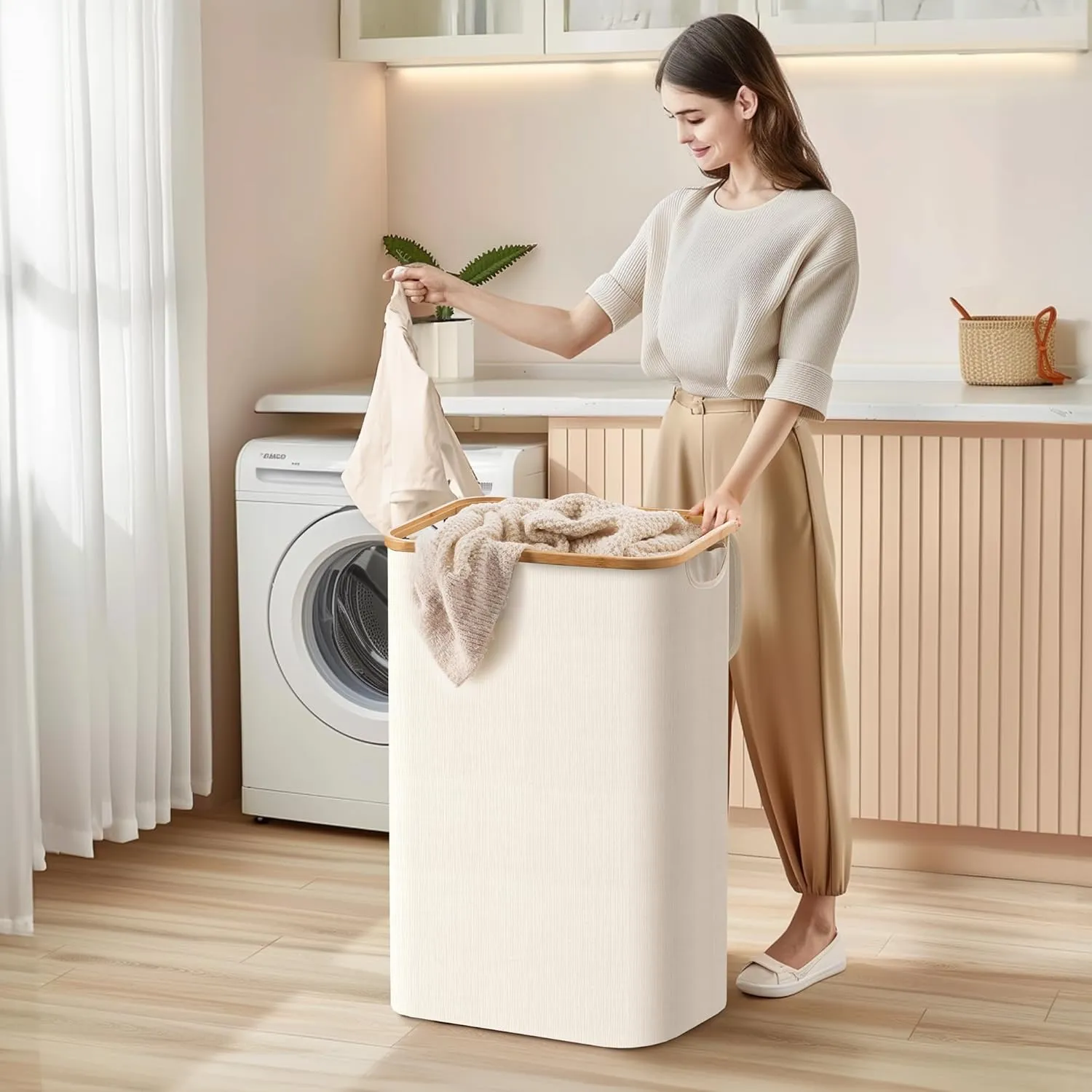 HBlife 60L Slim Laundry Hamper with Lid and Removable Inner Bag, Narrow Collapsible Dirty Clothes Basket for Bathroom, Bedroom and Laundry Room, Beige