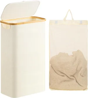 HBlife 60L Slim Laundry Hamper with Lid and Removable Inner Bag, Narrow Collapsible Dirty Clothes Basket for Bathroom, Bedroom and Laundry Room, Beige