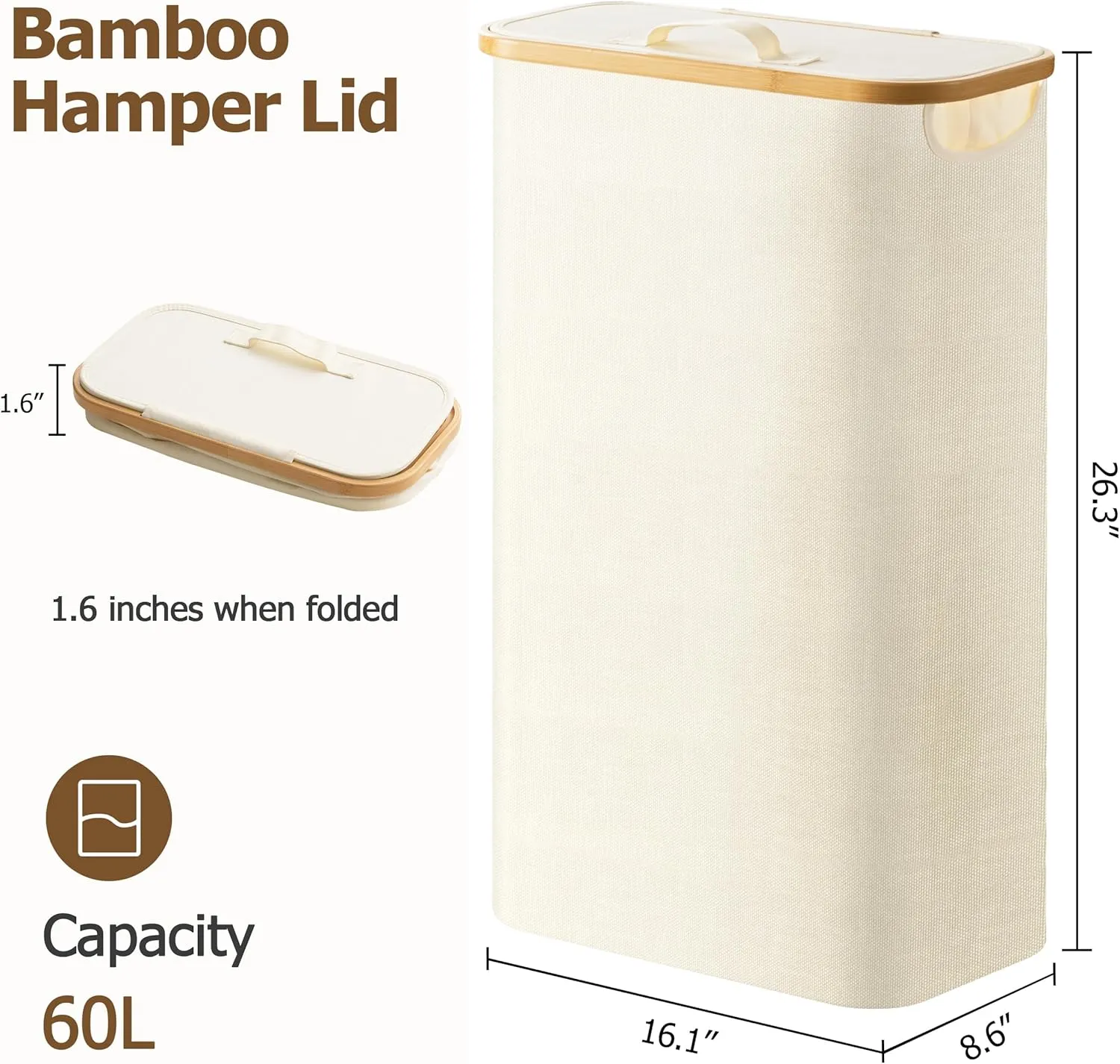 HBlife 60L Slim Laundry Hamper with Lid and Removable Inner Bag, Narrow Collapsible Dirty Clothes Basket for Bathroom, Bedroom and Laundry Room, Beige