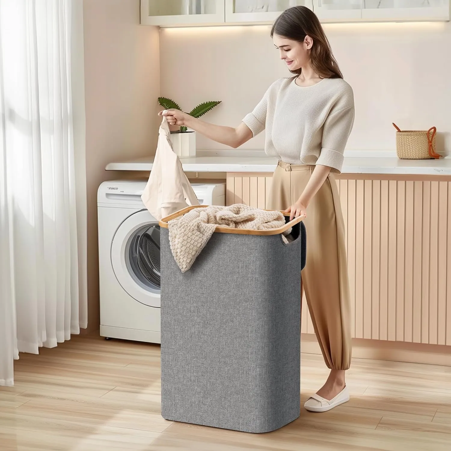 HBlife 60L Slim Laundry Hamper with Lid and Removable Inner Bag, Narrow Collapsible Dirty Clothes Basket for Bathroom, Bedroom and Laundry Room, Grey