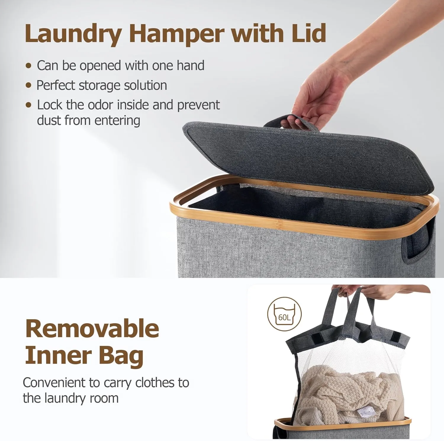 HBlife 60L Slim Laundry Hamper with Lid and Removable Inner Bag, Narrow Collapsible Dirty Clothes Basket for Bathroom, Bedroom and Laundry Room, Grey