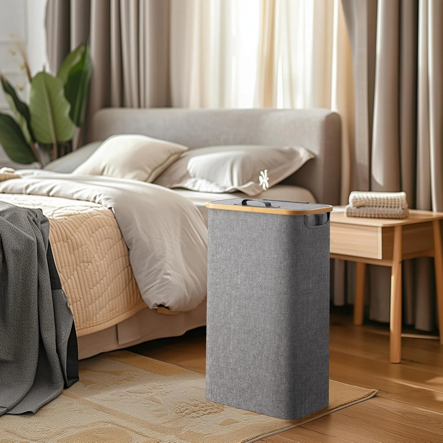 HBlife 60L Slim Laundry Hamper with Lid and Removable Inner Bag, Narrow Collapsible Dirty Clothes Basket for Bathroom, Bedroom and Laundry Room, Grey