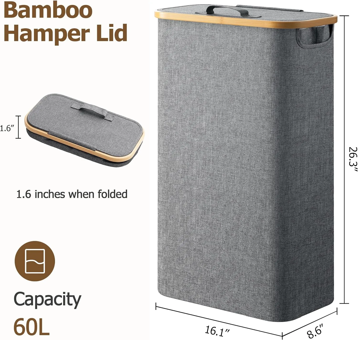 HBlife 60L Slim Laundry Hamper with Lid and Removable Inner Bag, Narrow Collapsible Dirty Clothes Basket for Bathroom, Bedroom and Laundry Room, Grey
