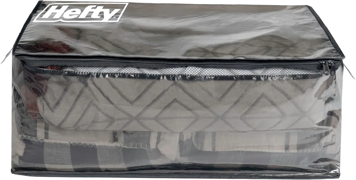 Hefty Extra Large Flexible Tote with Breathable Mesh, Double Zipper, 2 Handles – Ideal for Moving or Clothes & Apparel Storage, Alternative to Plastic Bin, Organizer or Container – 2 Pack