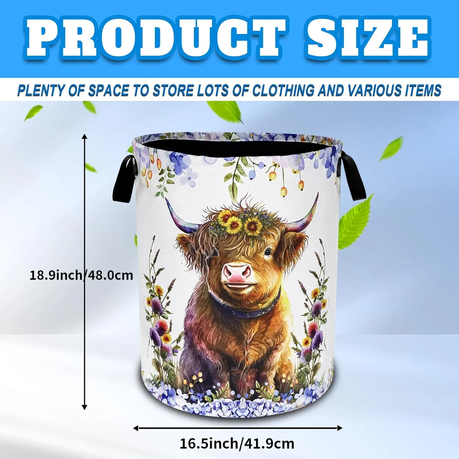 Highland Cow Laundry Basket Oxford Cloth Cattle Flowers Laundry Hamper With Handle Foldable Portable Clothes Storage Basket 18.9 X 16.5 Inch Storage Bag For Laundry Room/Bathroom/Bedroom/Dormitories