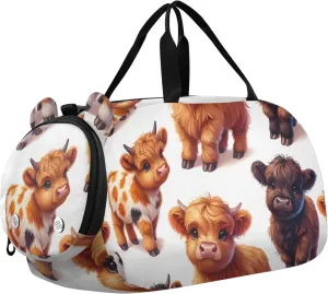 Highland Cows Duffle Bag for Girl, Sports Duffle Gym Bags with Shoe Compartment, Personalized Overnight Bag Travel Weekender for Kids