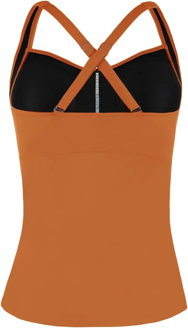 Hilor Women's Tankini Tops Shirred Tummy Control Swimsuits Cross Back Tankini Swimwear Tops