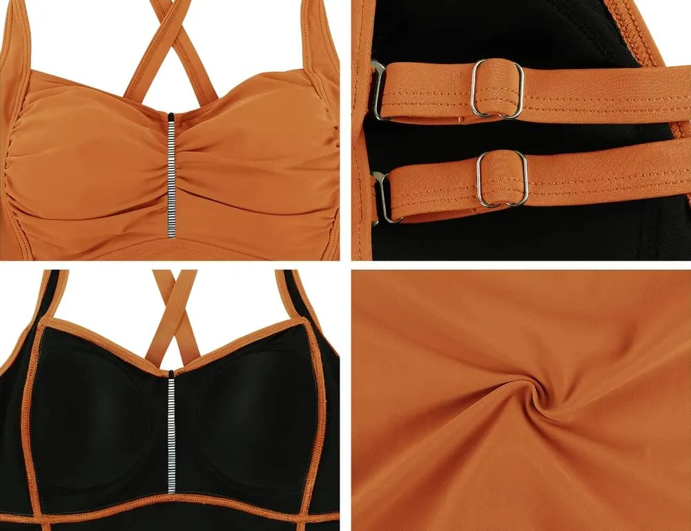 Hilor Women's Tankini Tops Shirred Tummy Control Swimsuits Cross Back Tankini Swimwear Tops