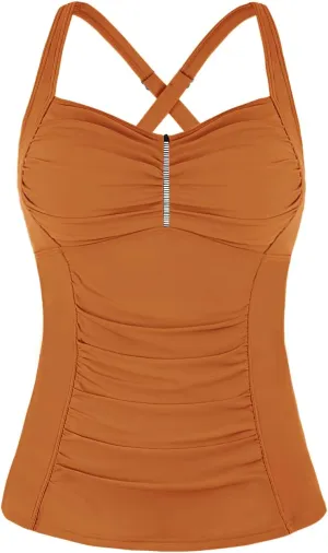 Hilor Women's Tankini Tops Shirred Tummy Control Swimsuits Cross Back Tankini Swimwear Tops