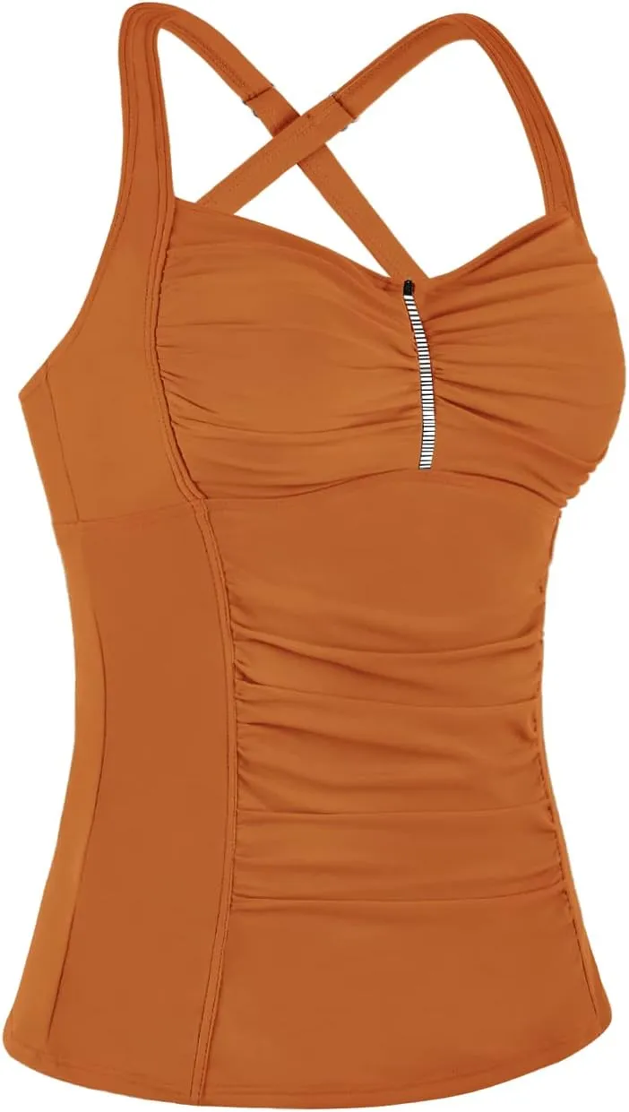 Hilor Women's Tankini Tops Shirred Tummy Control Swimsuits Cross Back Tankini Swimwear Tops
