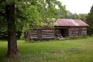 Historic Pictoric Photo - John Herbert Weaves Baskets in a dogtrot Log Cabin, Cherokee, Alabama- Fine Art Photo Reporduction 24in x 16in
