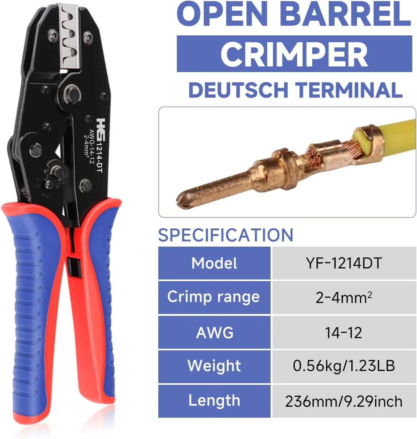 HKS 14-12AWG Size12 Deutsch DTP Crimp Tool (YF-1214DT) - Open Barrel Terminal Crimper for Stamped Contacts​​