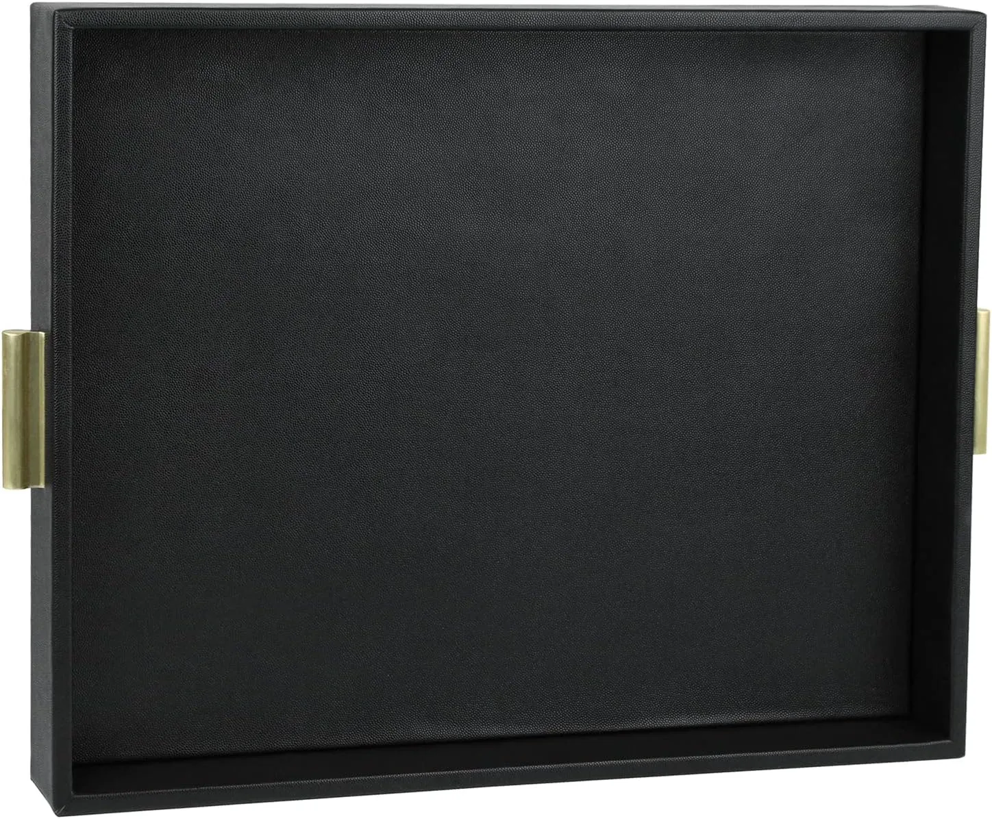 HofferRuffer Extra Large Serving Tray with Handles, Elegant Faux Leather Storage Decorative Tray for Coffee Table, Ottoman, Console Table, 20 x 16 x 2.2 inches (Black Tray Golden Handle)