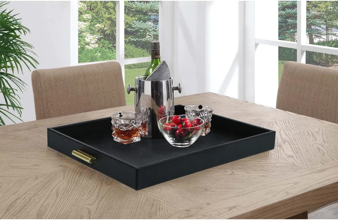 HofferRuffer Extra Large Serving Tray with Handles, Elegant Faux Leather Storage Decorative Tray for Coffee Table, Ottoman, Console Table, 20 x 16 x 2.2 inches (Black Tray Golden Handle)