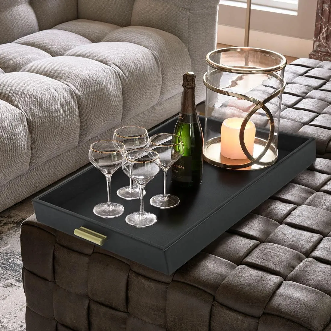 HofferRuffer Extra Large Serving Tray with Handles, Elegant Faux Leather Storage Decorative Tray for Coffee Table, Ottoman, Console Table, 20 x 16 x 2.2 inches (Black Tray Golden Handle)