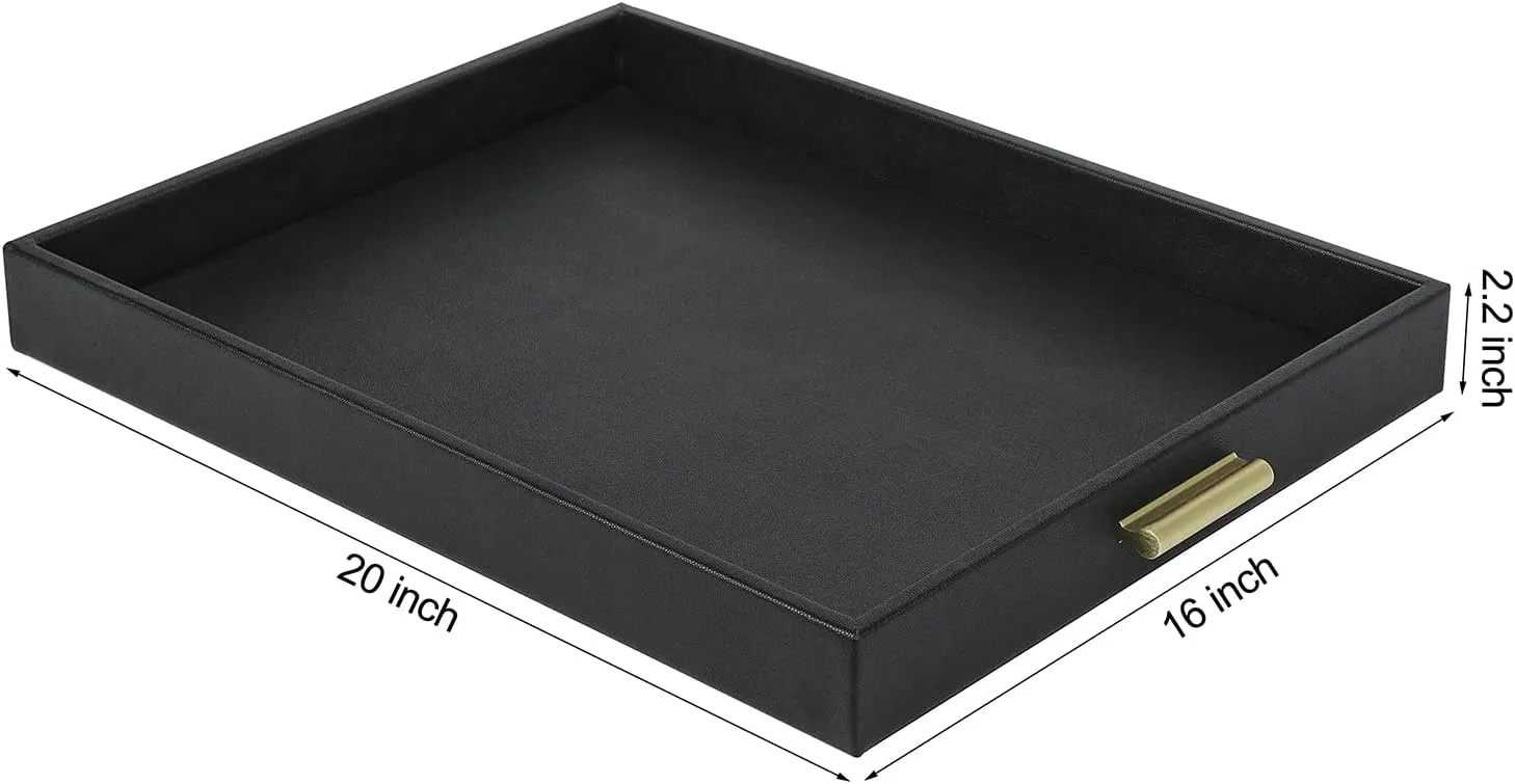 HofferRuffer Extra Large Serving Tray with Handles, Elegant Faux Leather Storage Decorative Tray for Coffee Table, Ottoman, Console Table, 20 x 16 x 2.2 inches (Black Tray Golden Handle)