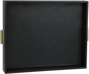 HofferRuffer Extra Large Serving Tray with Handles, Elegant Faux Leather Storage Decorative Tray for Coffee Table, Ottoman, Console Table, 20 x 16 x 2.2 inches (Black Tray Golden Handle)