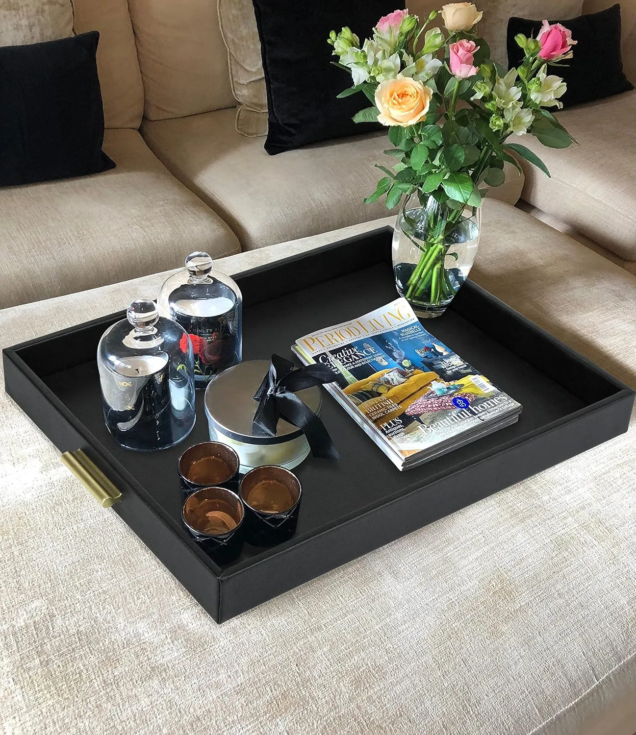 HofferRuffer Extra Large Serving Tray with Handles, Elegant Faux Leather Storage Decorative Tray for Coffee Table, Ottoman, Console Table, 20 x 16 x 2.2 inches (Black Tray Golden Handle)
