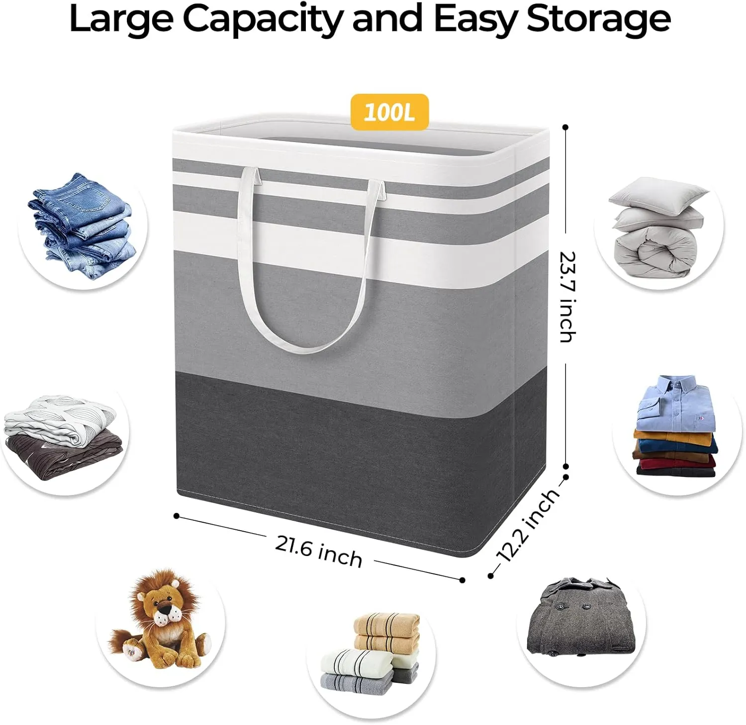 HomeHacks 1-Pack Large Laundry Basket,Waterproof, Freestanding Laundry Hamper, Collapsible Tall Clothes Hamper with Extended Handles for Clothes Toys in The Dorm and Family-(Gradient Grey, 100L)