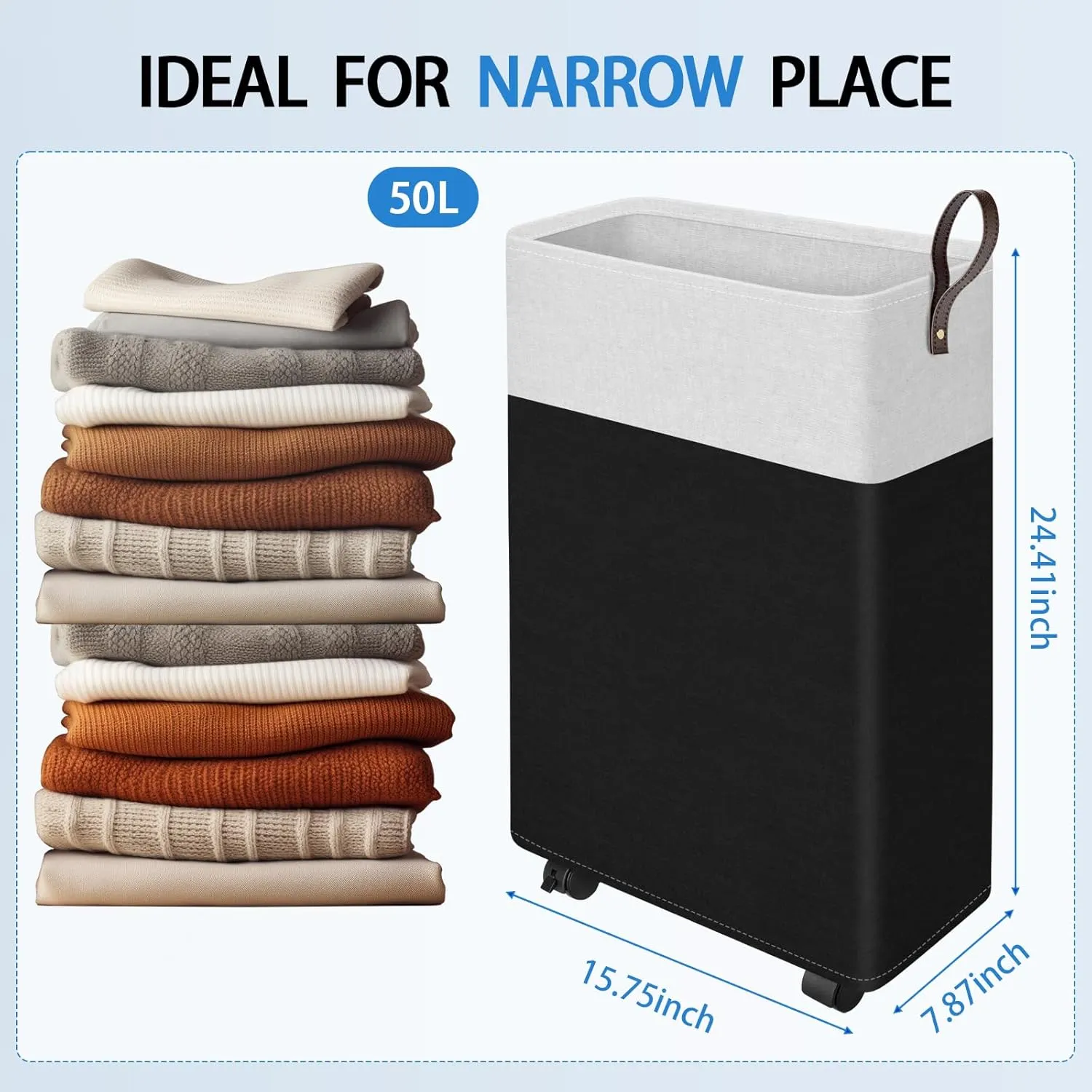 HomeHacks 50L Rolling Laundry Basket with Wheels, Collapsible & Waterproof Laundry Hamper, Mobile Clothes Hamper, Storage Laundry Bins with Handles for Laundry Room, Bedroom, Bathroom & Dorm, Black