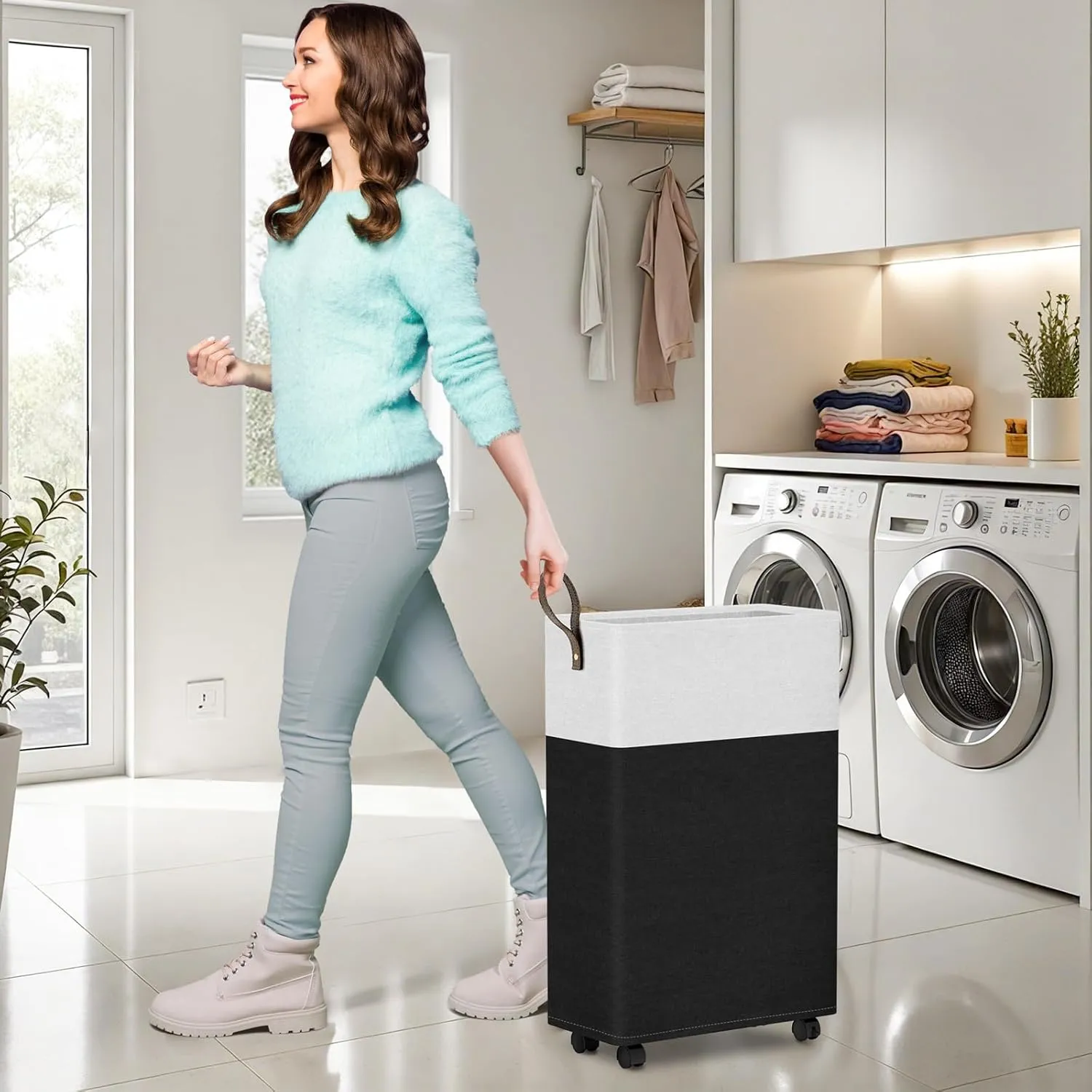 HomeHacks 50L Rolling Laundry Basket with Wheels, Collapsible & Waterproof Laundry Hamper, Mobile Clothes Hamper, Storage Laundry Bins with Handles for Laundry Room, Bedroom, Bathroom & Dorm, Black