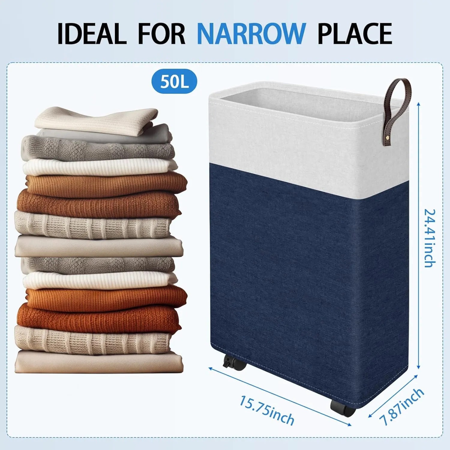 HomeHacks 50L Rolling Laundry Basket with Wheels, Collapsible & Waterproof Laundry Hamper, Mobile Clothes Hamper, Storage Laundry Bins with Handles for Laundry Room, Bedroom, Bathroom & Dorm, Blue