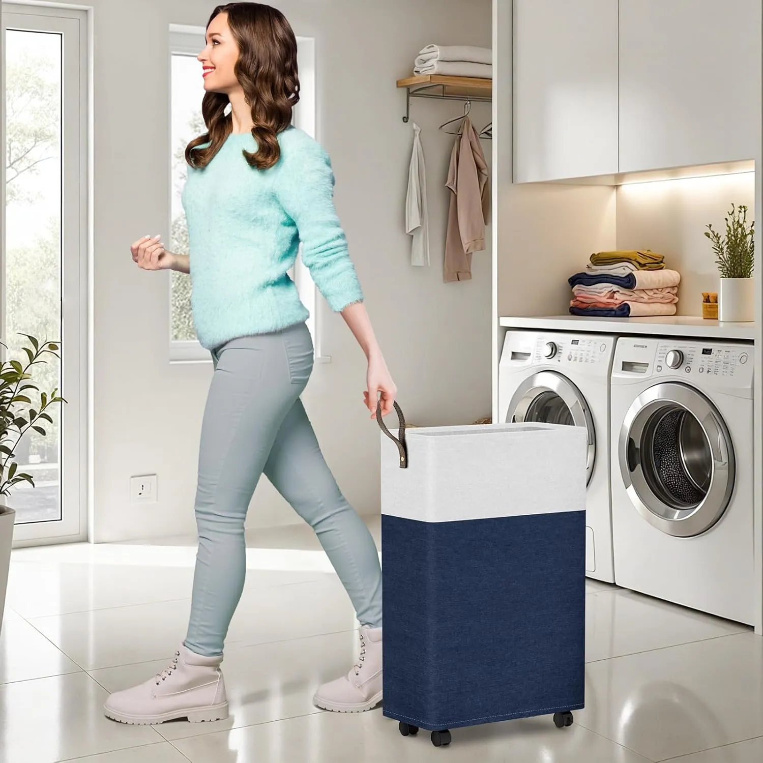 HomeHacks 50L Rolling Laundry Basket with Wheels, Collapsible & Waterproof Laundry Hamper, Mobile Clothes Hamper, Storage Laundry Bins with Handles for Laundry Room, Bedroom, Bathroom & Dorm, Blue