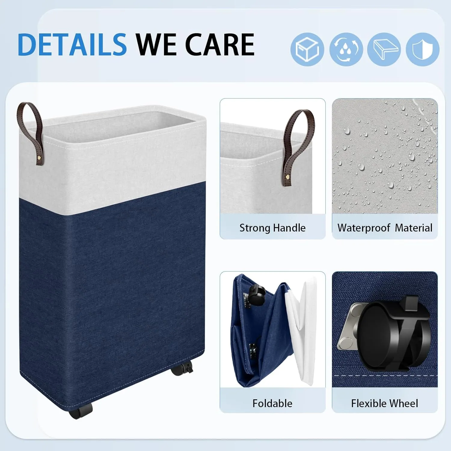 HomeHacks 50L Rolling Laundry Basket with Wheels, Collapsible & Waterproof Laundry Hamper, Mobile Clothes Hamper, Storage Laundry Bins with Handles for Laundry Room, Bedroom, Bathroom & Dorm, Blue