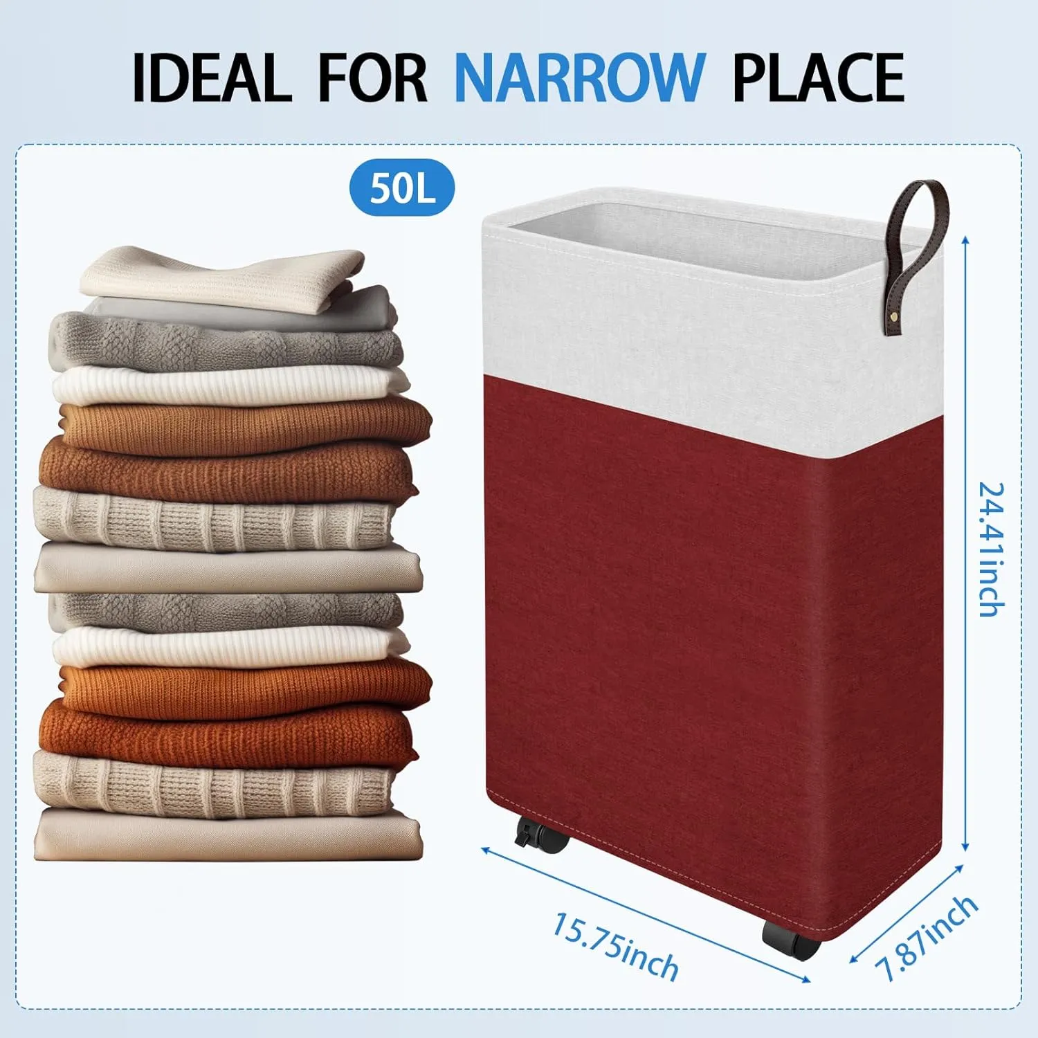 HomeHacks 50L Rolling Laundry Basket with Wheels, Collapsible & Waterproof Laundry Hamper, Mobile Clothes Hamper, Storage Laundry Bins with Handles for Laundry Room, Bedroom, Bathroom & Dorm, Red