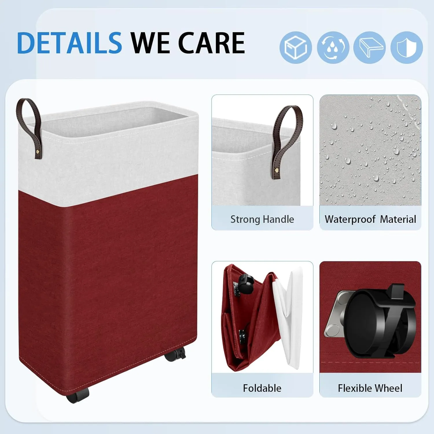HomeHacks 50L Rolling Laundry Basket with Wheels, Collapsible & Waterproof Laundry Hamper, Mobile Clothes Hamper, Storage Laundry Bins with Handles for Laundry Room, Bedroom, Bathroom & Dorm, Red