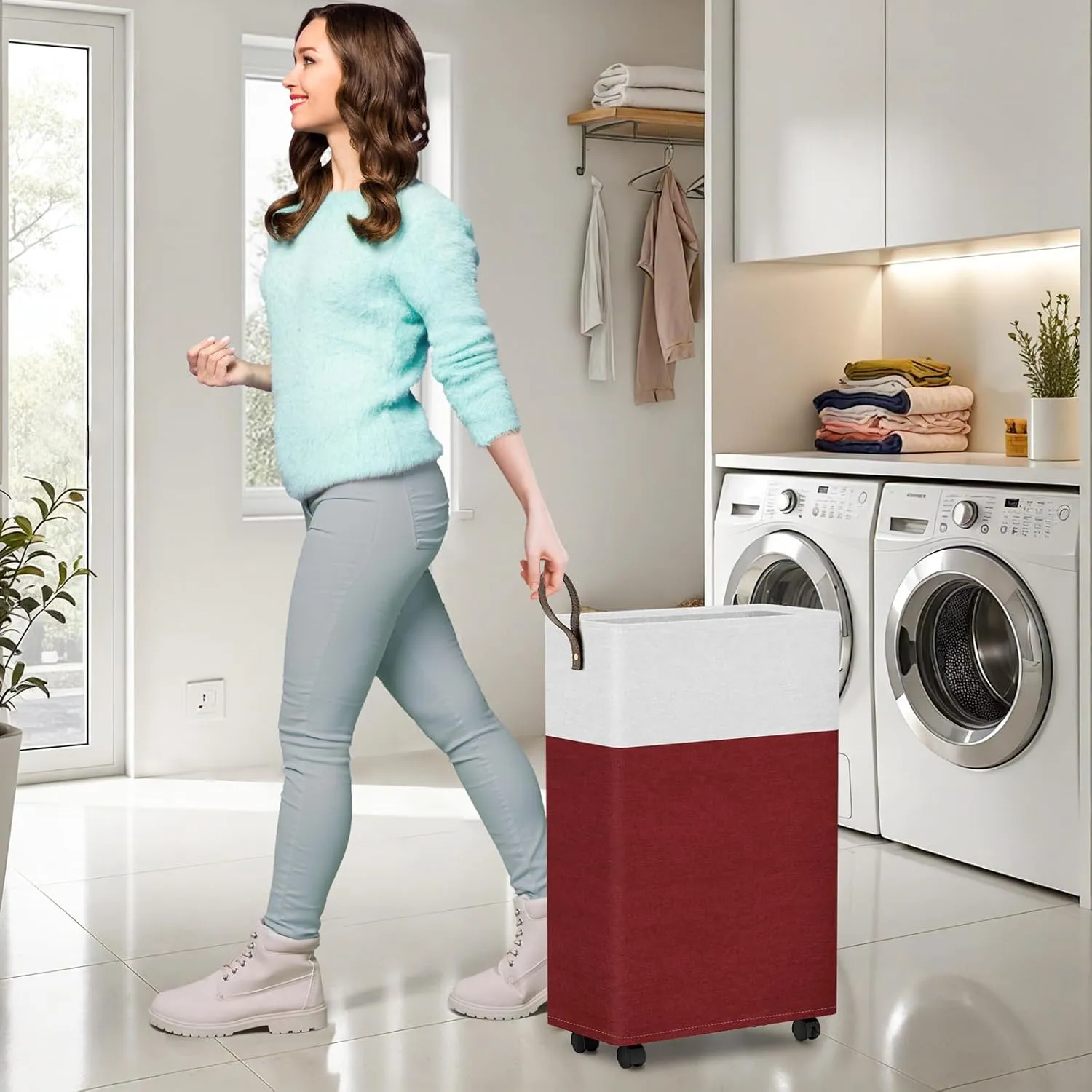 HomeHacks 50L Rolling Laundry Basket with Wheels, Collapsible & Waterproof Laundry Hamper, Mobile Clothes Hamper, Storage Laundry Bins with Handles for Laundry Room, Bedroom, Bathroom & Dorm, Red