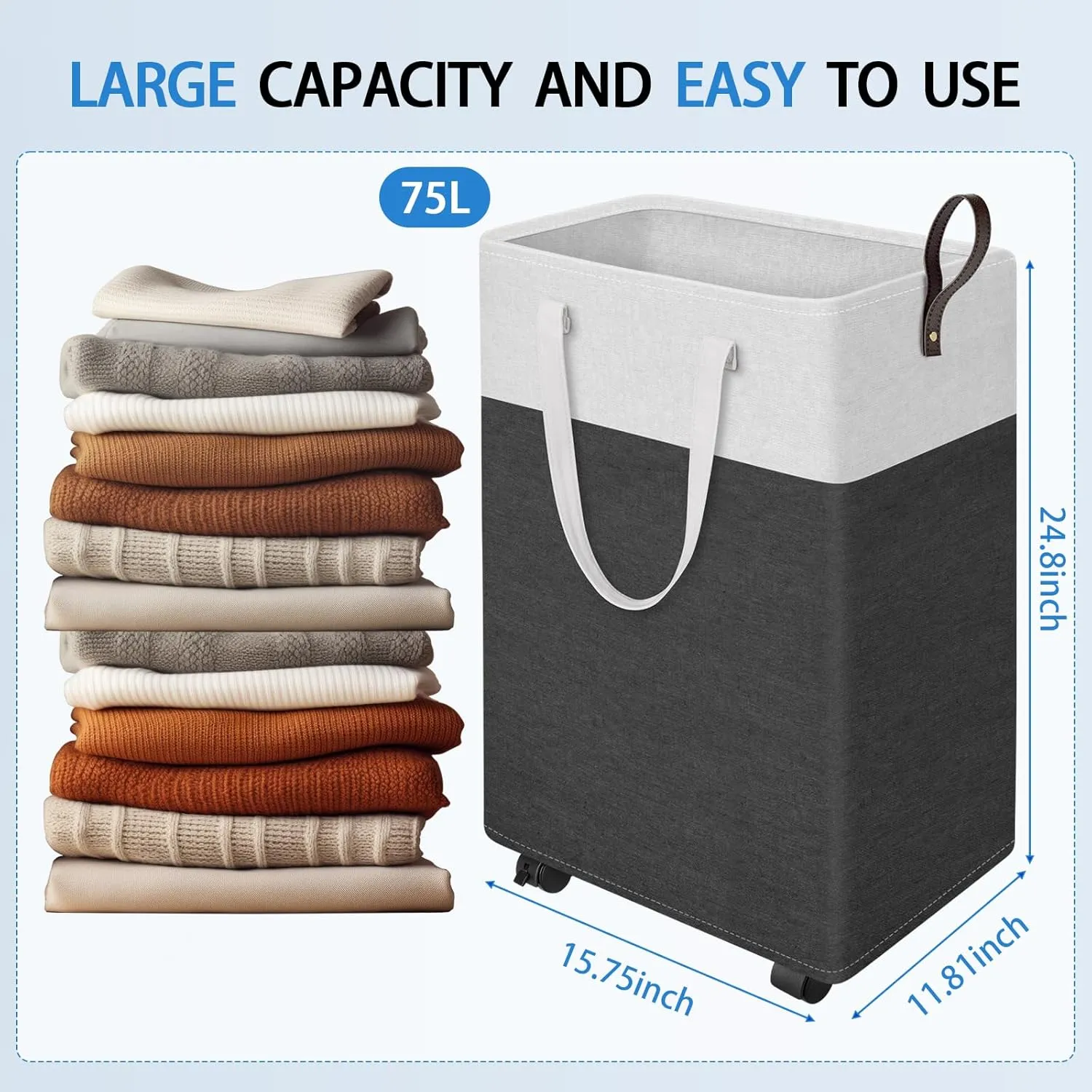 HomeHacks 75L Large - Capacity Rolling Laundry Basket, Laundry Hamper with 4 Smooth Wheels, Collapsible Waterproof Clothes Basket, Freestanding Hamper with Handles for Bedroom/Dorm/Laundry Room (Gray)