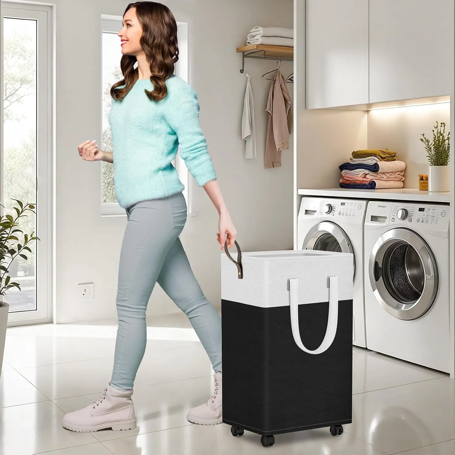 HomeHacks Laundry Basket with Wheels, Rolling Laundry Hamper, Collapsible & Waterproof Clothes Hamper, Narrow Corner Bins with Extended Handles for in the Family & Dorm 90L, Black