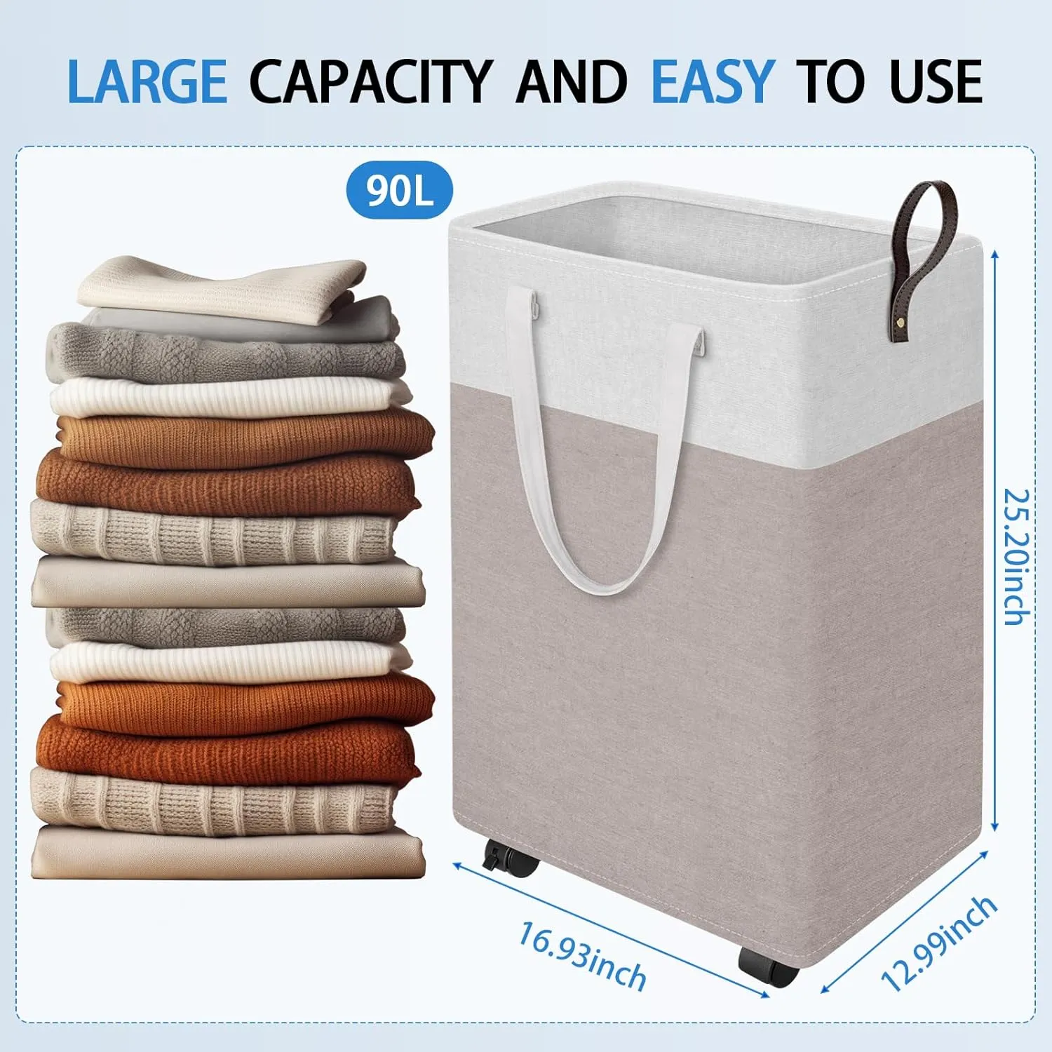 HomeHacks Laundry Basket with Wheels, Rolling Laundry Hamper, Collapsible & Waterproof Clothes Hamper, Narrow Corner Bins with Extended Handles for in the Family & Dorm 90L, Khaki