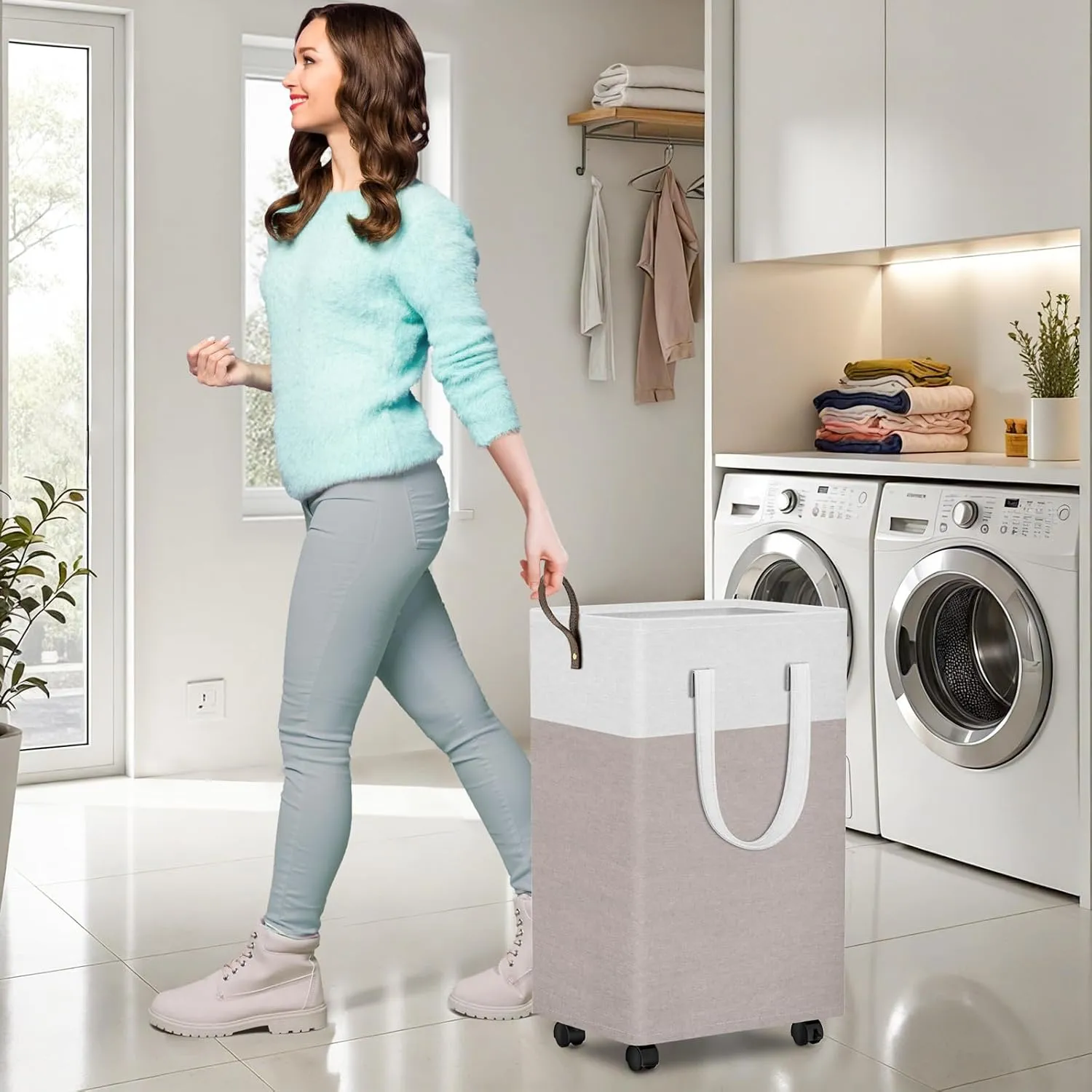 HomeHacks Laundry Basket with Wheels, Rolling Laundry Hamper, Collapsible & Waterproof Clothes Hamper, Narrow Corner Bins with Extended Handles for in the Family & Dorm 90L, Khaki