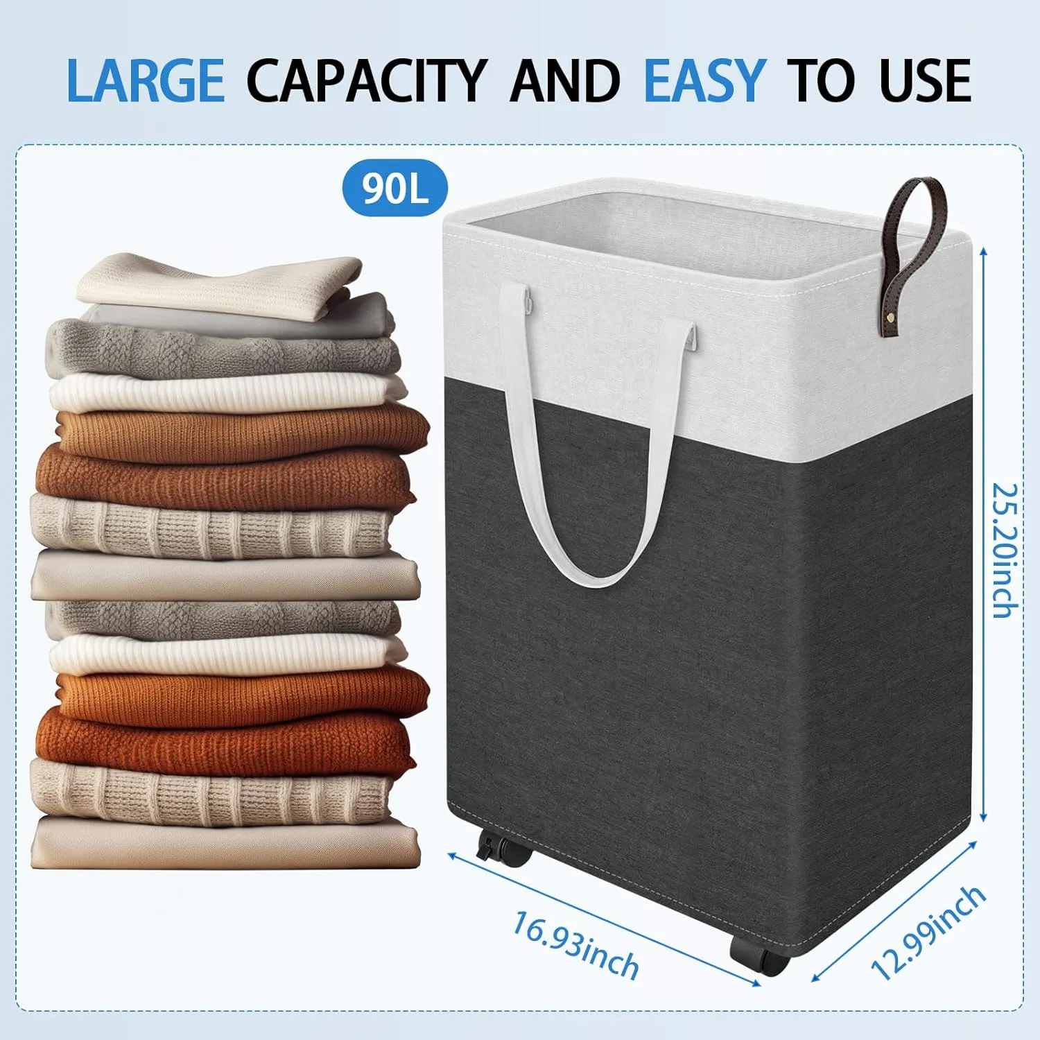 HomeHacks Laundry Basket with Wheels, Rolling Laundry Hamper, Collapsible & Waterproof Clothes Hamper, Narrow Corner Bins with Extended Handles in the Family & Dorm 90L,Grey)